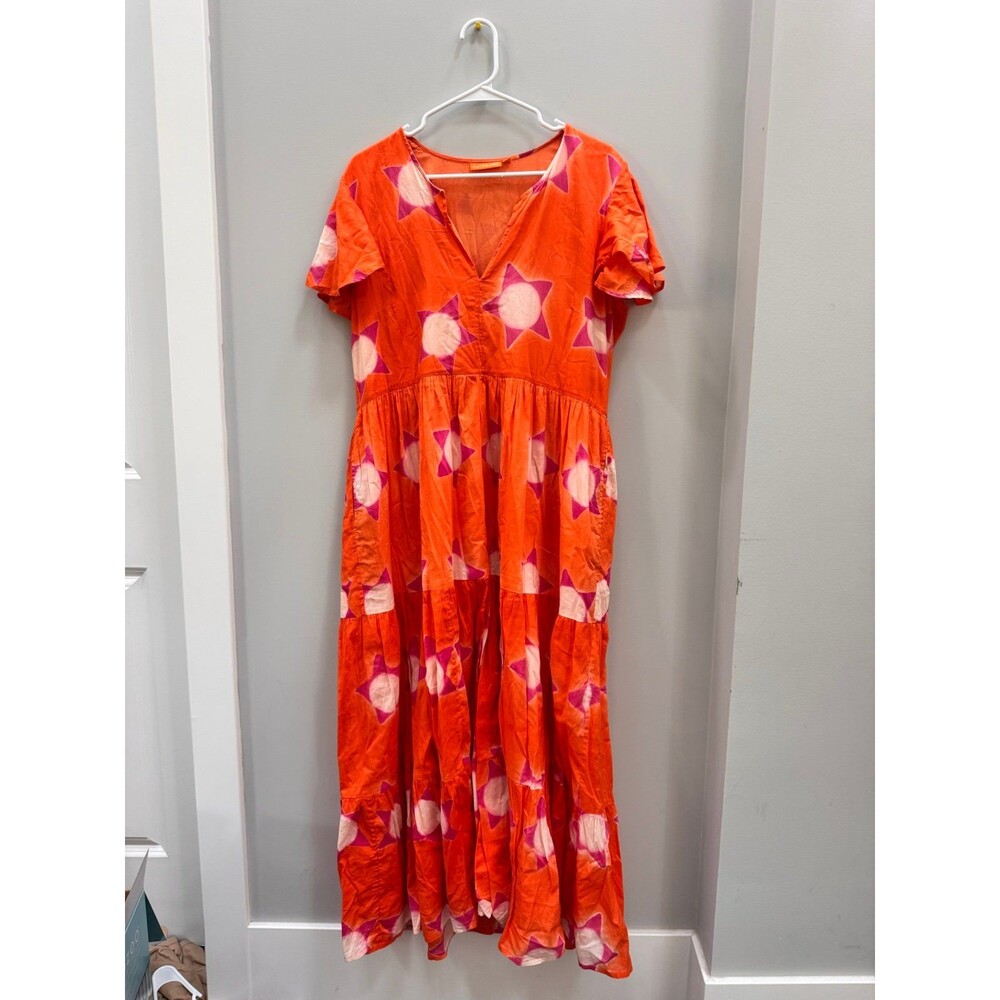 Oliphant Maxi Mela Orange Star Block Print Dress Large